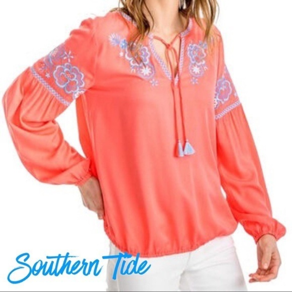 Southern Tide Blouse Sz Small Coral Pink Floral Embroidered Boho Tassel Festival
